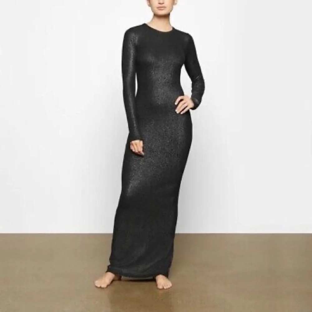 SKIMS Soft Lounge Ribbed Metallic Black Bodycon Maxi Dress Long Sleeve XS